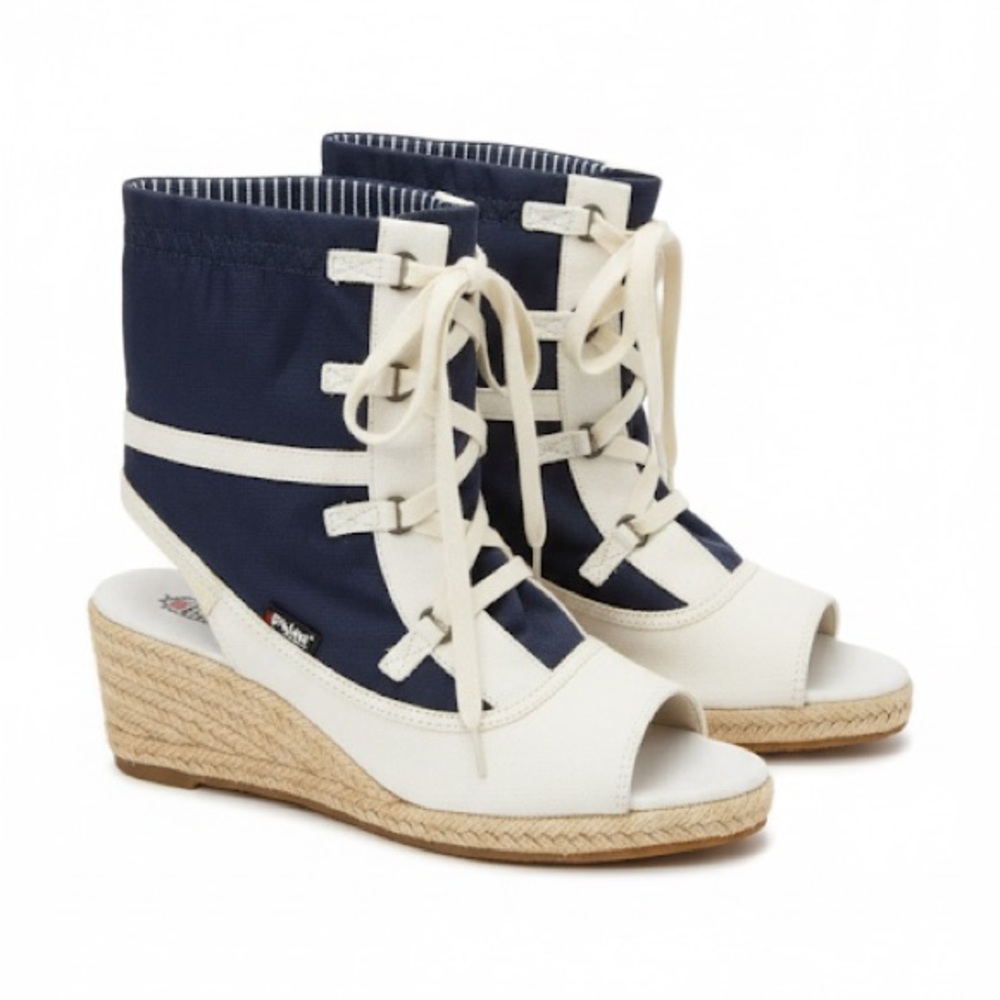 NWOT Pajar Nautical Navy Canvas Lace Up Espadrille Wedge Bootie Sandals 7